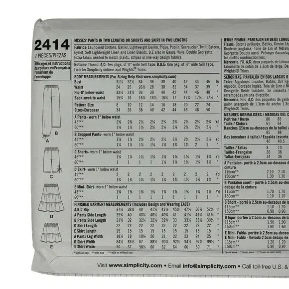 SIMPLICITY PATTERN 2414  SKIRT PANTS SHORTS  MISSES SIZES 16 18 20 22 24  UNCUT - Picture 6 of 7